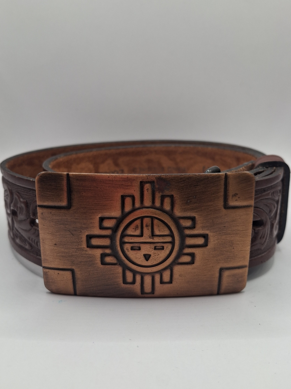 Women’s Brown Tooled Leather Belt with Copper-Tone Sunface Buckle